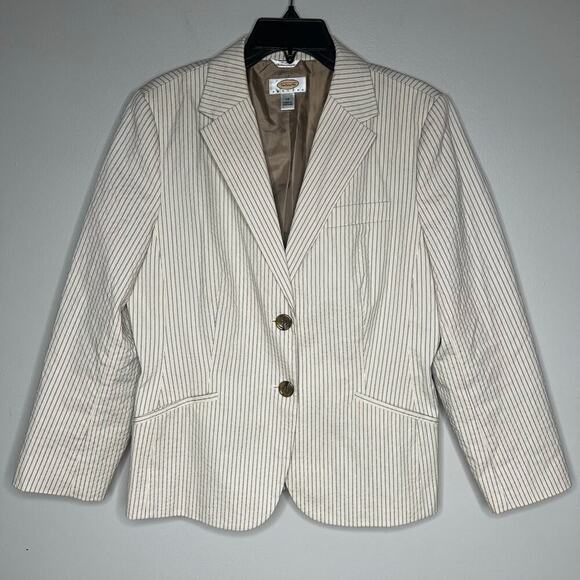 Talbots Petites Cream Tan Seersucker Pinstripe Blazer Jacket Preppy Size 14 - Picture 1 of 9
